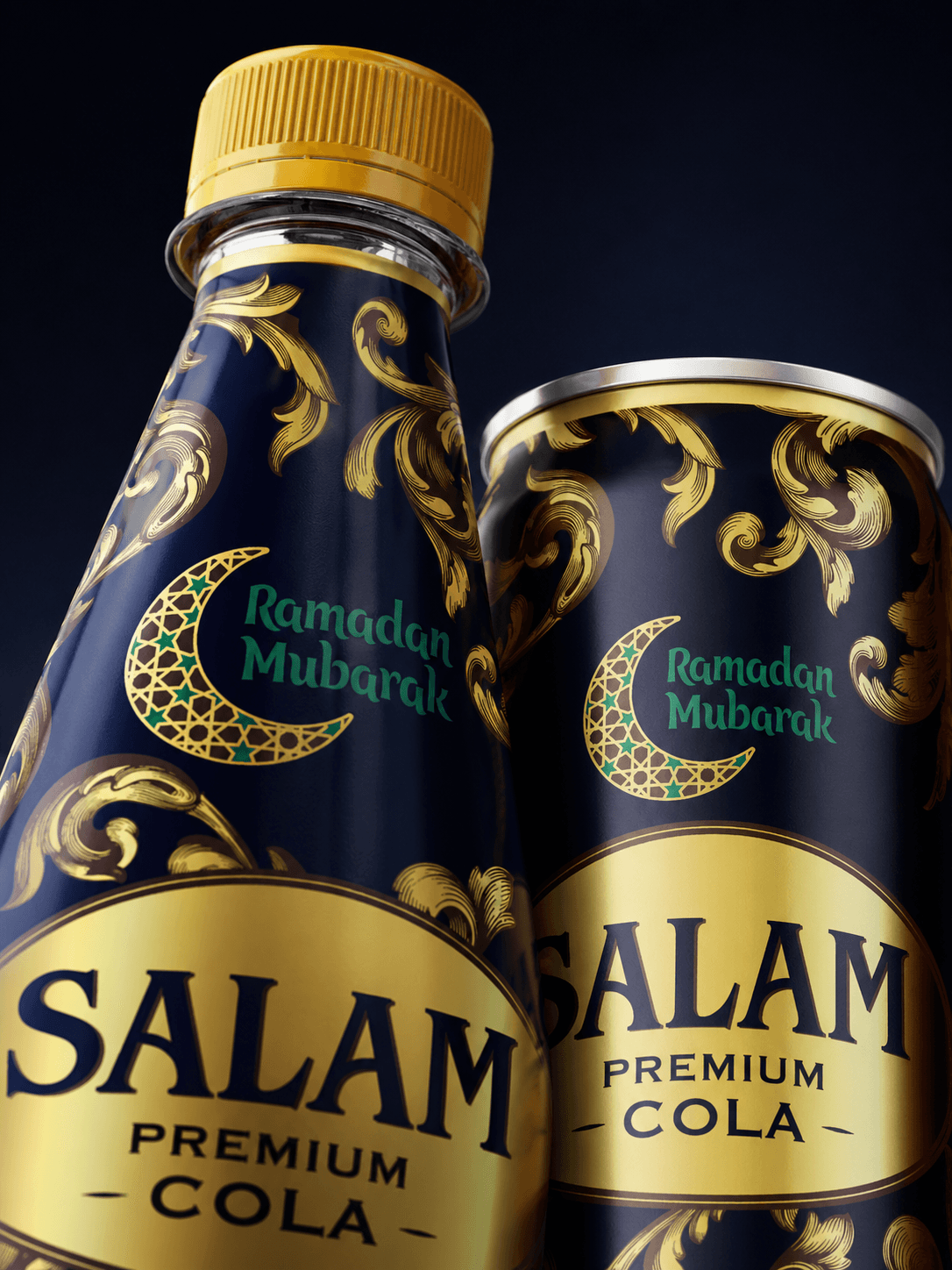 Salam Premium Cola Ramadan — макро-съёмка бутылки и банки, золотые орнаменты